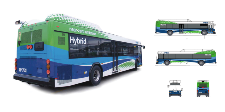 Primary WTA fleet design adjusted with green for several of their hybrid style buses.